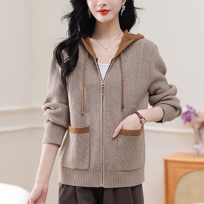 [베스트셀러] 지고다그 중년 여성 가을 후드 니트 집업 가디건 패치 배색 컬러 데일리 롱슬리브 아우터 LJM3930