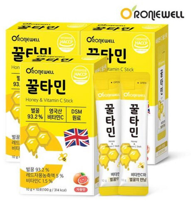 꿀타민 천연 벌꿀 스틱 비타민C/자연산/야생화꿀/국내산/양봉/휴대용/1회용/탄소동위원소비-25.7/자몽맛, 10g, 30개