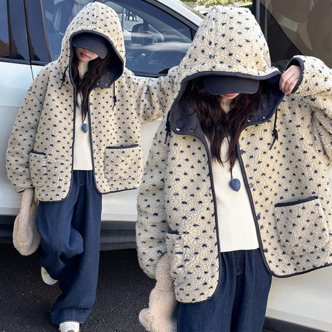 비비키드 여아 기모 초등생 긴팔 땡땡이 양털 뽀글이 후드점퍼 외투 상의 초중생 주니어 겨울 초등생 점퍼 (2575)