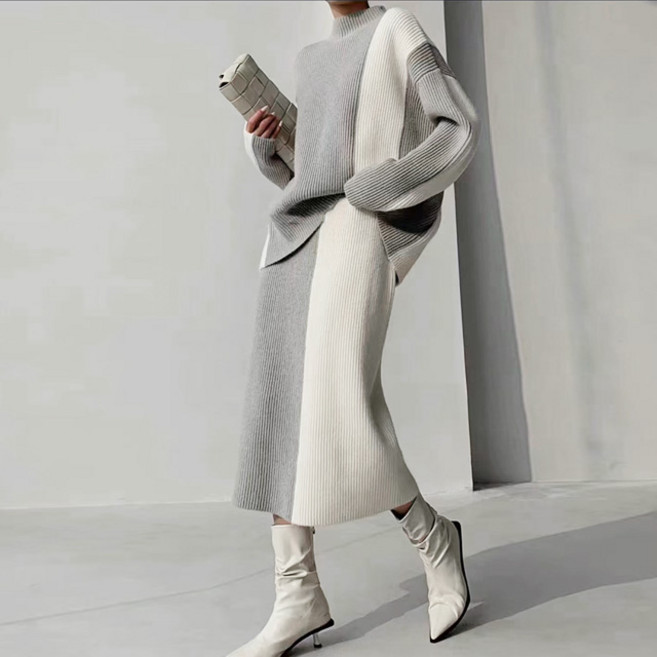 스토리원 WM-FWTP009 여성 컬러 블럭 터틀넥 니트 롱 스커트 세트