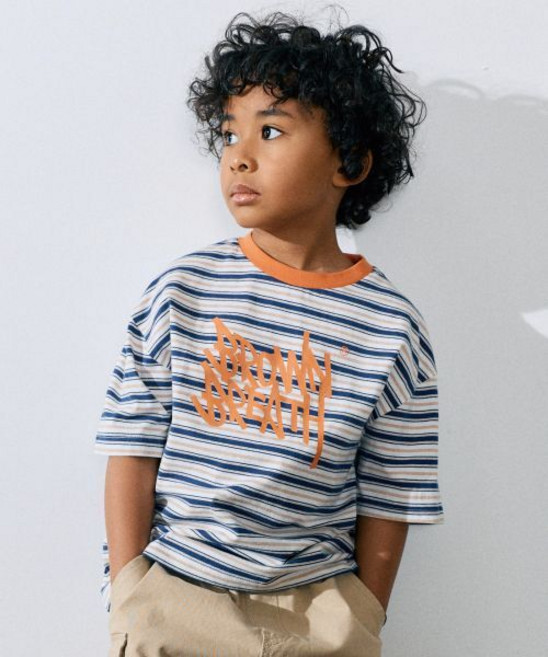 브라운브레스 KIDS brownbreathkids KIDS STRIPE TAG TEE - NAVY