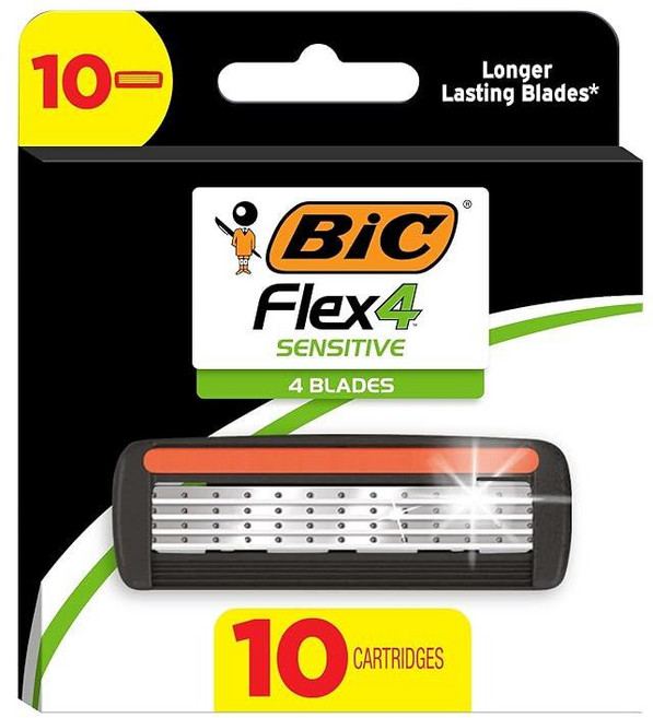 BIC 플렉스 4 민감성 하이브리드 남성용 4중날 일회용 면도기 카트리지 4개 핸들 1개 피부를 자극으로부터 보호, 10 Count (Pack of 1)