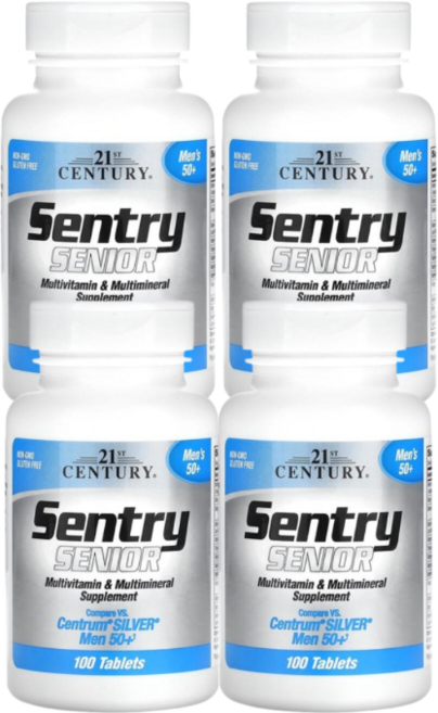 (4병) 21st Century 센트리 시니어 종합비타민 및 종합미네랄 보충제 50세 이상 남성용 100정, 4개