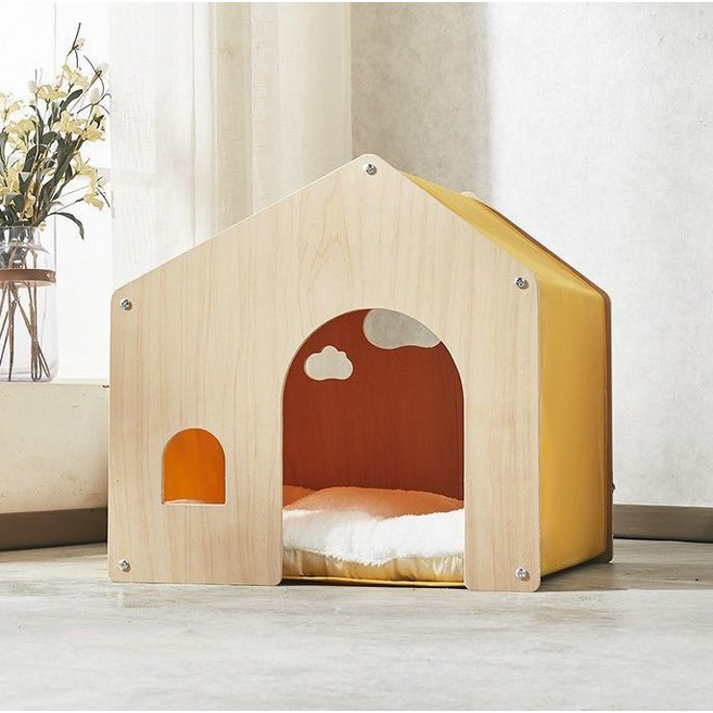 고양이 강아지 우드 하우스 동굴 지붕 집 반려동물집 숨숨집, 옐로우, 1개