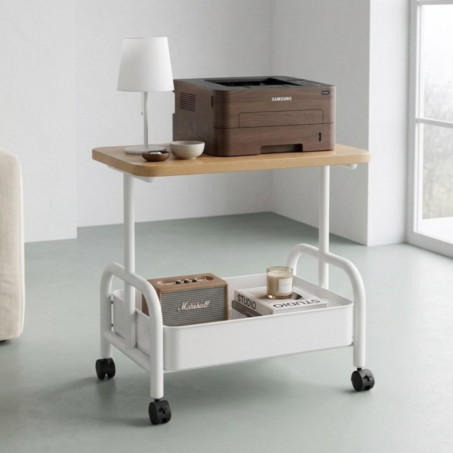 데이킨 이동식 2단 사이드 테이블 프린터 선반 수납장 협탁, 화이트