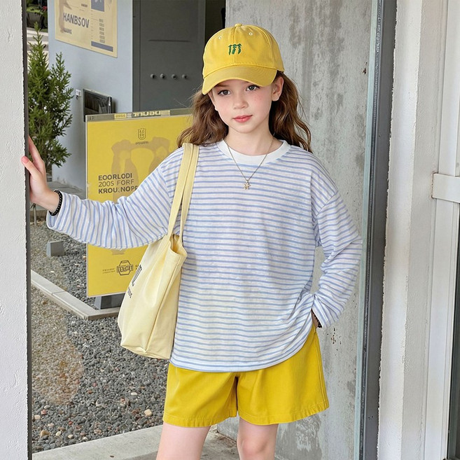 UPPERCUT 아동 살랑살랑 스트라이프 긴팔티셔츠 초등학생 얇은 긴팔티 주니어 줄무늬 티셔츠 남녀공용