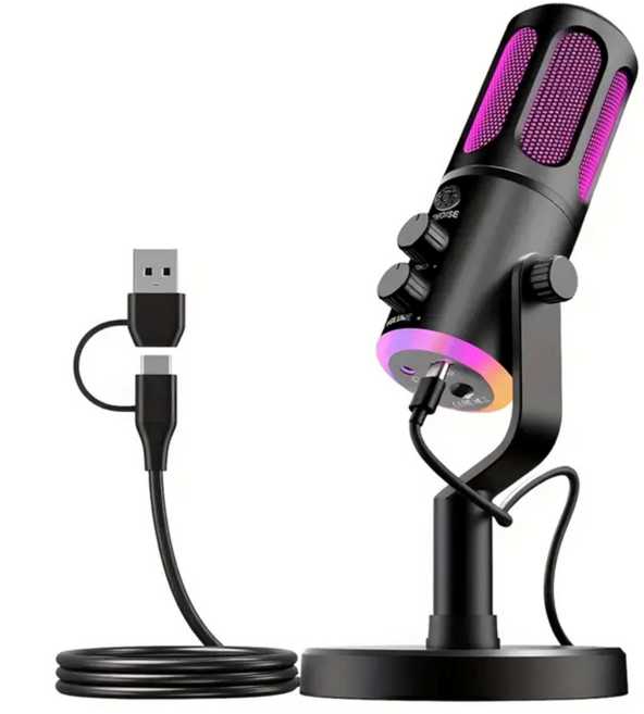 Gaayou RGB 게이밍 마이크 USB 콘덴서 원터치 노이즈캔슬링 / 이어폰 연결 / PC 폰 호환 / 방송 녹음용, 블랙