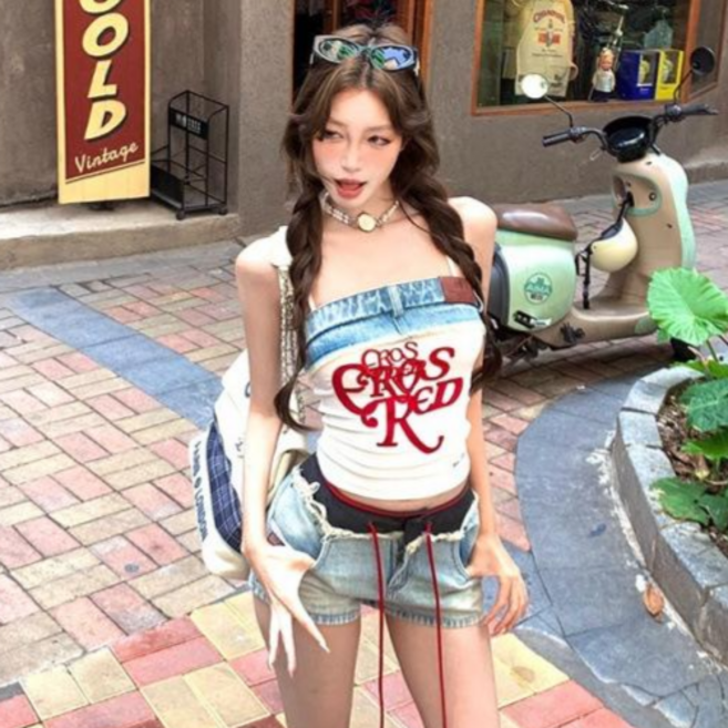 히또리 T4077 캐주얼 빈티지 데님 나시 세미 크롭탑