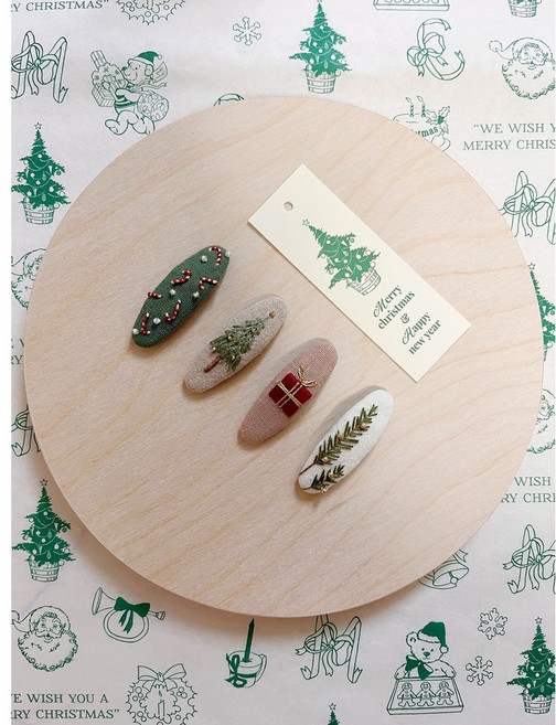 法式手工聖誕刺繡髮夾組 四入 韓國手工製