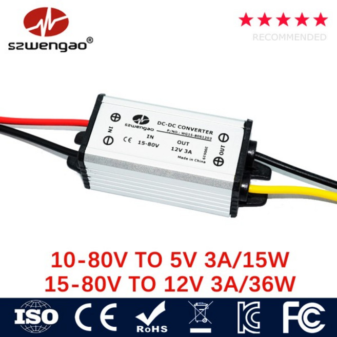벅 모듈 DC 24V 36V 48V 60V ~ 5V 12V 1A 2A 3A 스텝다운 전력 변환기 레귤레이터 자동차용 LED 전압 변압, 02 15-80V to 12V 1A