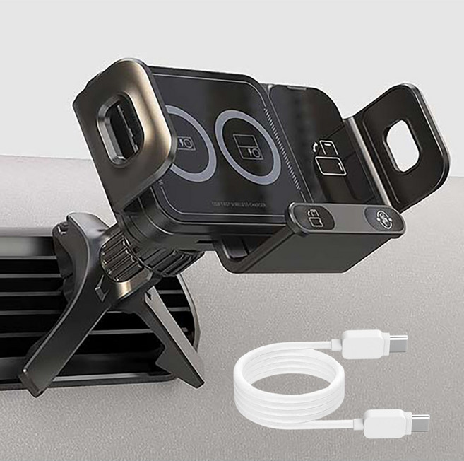 선플라워 자동차 고속 무선충전기 자동회전 차량용 C타입 15W 듀얼코일 휴대폰 충전 거치대, 제네시스 GV80, 블랙