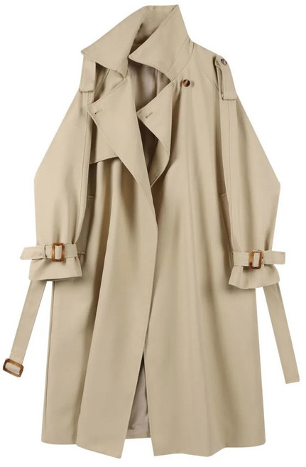 英倫風長版風衣外套 寬鬆剪裁系帶設計 顯瘦百搭氣質大衣 卡其色 XL