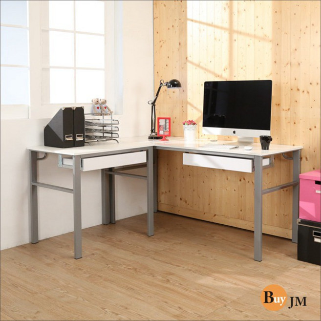 BuyJM 木紋白工作桌, L型工作桌+2抽屜