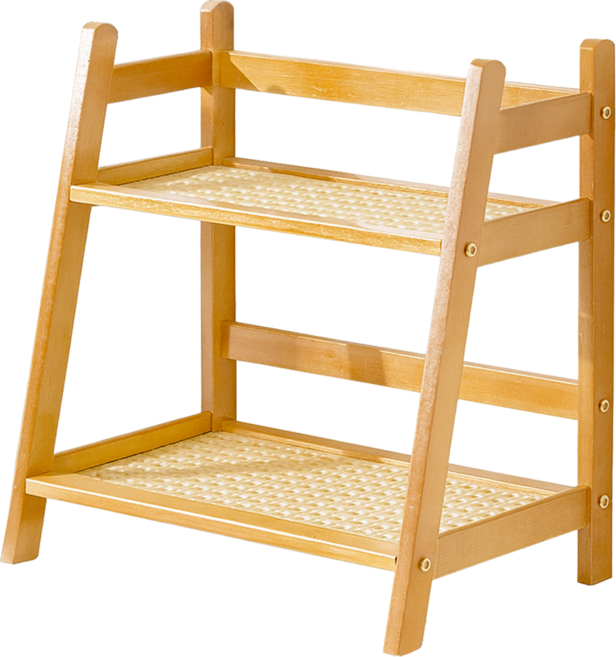 復古原木藤編雙層桌面置物架, 1個, 原木色