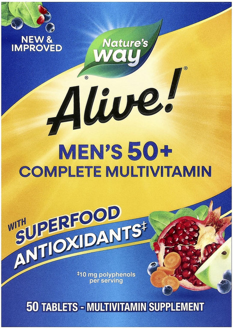단백질 비타민 철분 마그내슘 칼슘 Nature's Way Alive!® 50세 이상 남성용 컴플리트 종합비타민 50정 고루고루섭취해주세요, NaturesWayAlive50세이상남성용컴플리트종합비, 1개