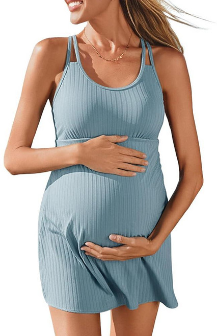 Summer Mae Ribbed Maternity One Piece Swimsuit Dress Wrap Bathing Suit with Built-in Pocket Short