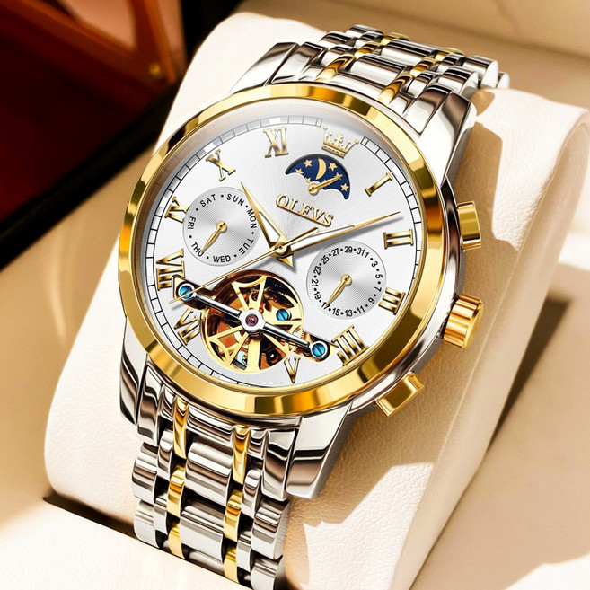 OLEVS 남성 시계 기계식 럭셔리 명품 워터프루프 야광 다기능 패션 메탈