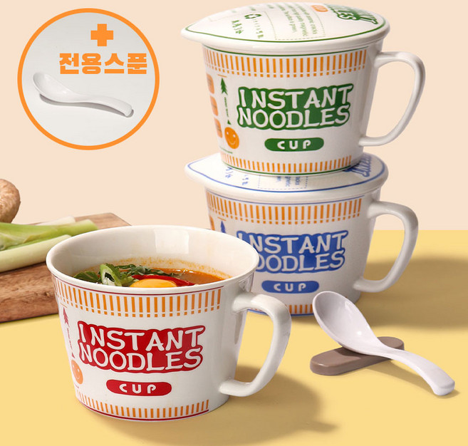 식품검사완료 컵라면 도자기 용기+스푼 전자레인지 라면 그릇 (전자렌지 손잡이 전용), 1세트, 블루
