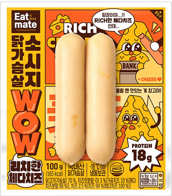 [랭킹닭컴] 잇메이트 닭가슴살 소시지 WOW 리치한 체다치즈, 15개, 100g