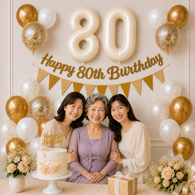 이벤트홀릭 팔순 파티용품 세트 80 숫자풍선 생일 가랜드 용돈카드 옵션, 1개, 03. 크림(기본세트)