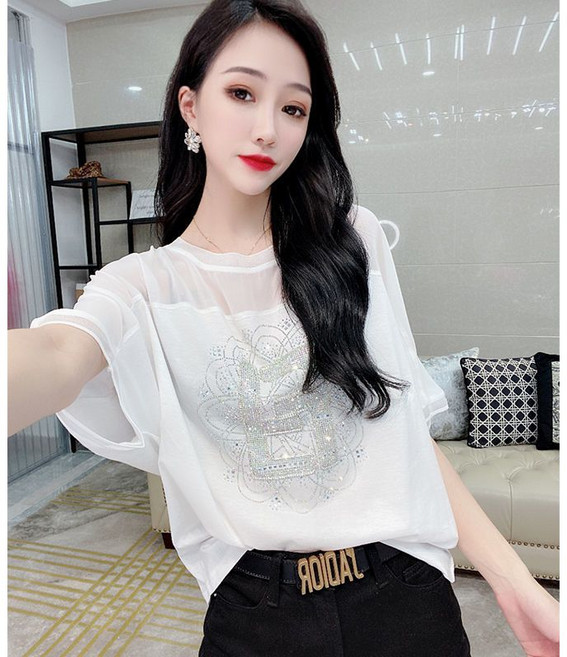 미중 여성 여름 뉴 반팔 패션 섹시 망사 박시 핫피스 시폰 라운드넥 가오리 슬리브rll