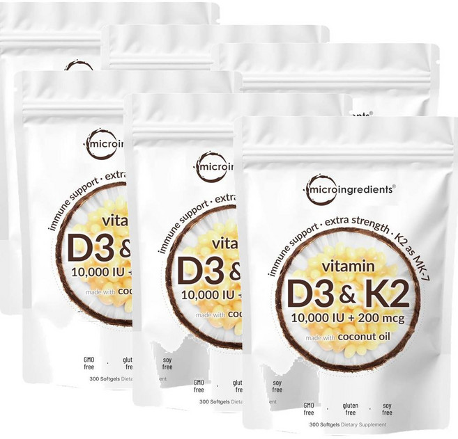 마이크로인그레디언트 비타민D3 10000IU 플러스 K2 (MK-7) 200mcg 소프트젤 Micro Ingredients Vitamin D3 K2 (MK-7), 6개, 300정