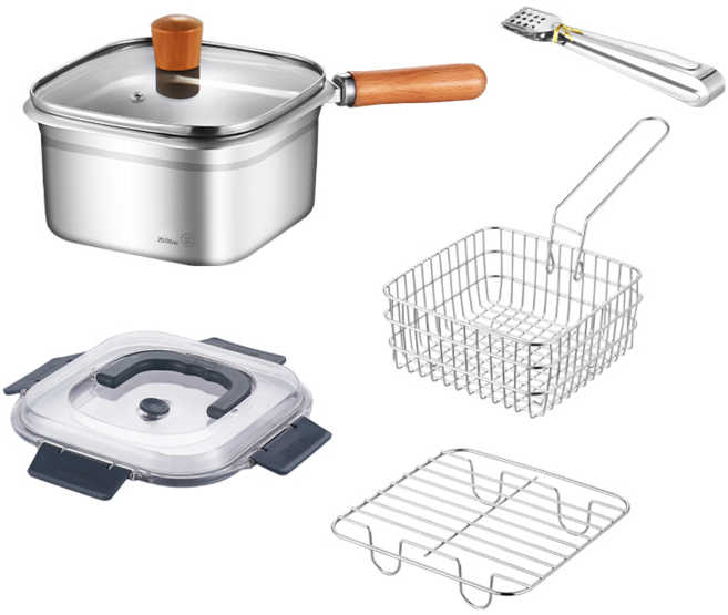 Detao 스테인리스 2.5L 보관냄비 7종세트 멀티 편수냄비 밀폐 보관용기 스텐 튀김냄비 유리뚜껑 튀김망 집게 포함, 1개