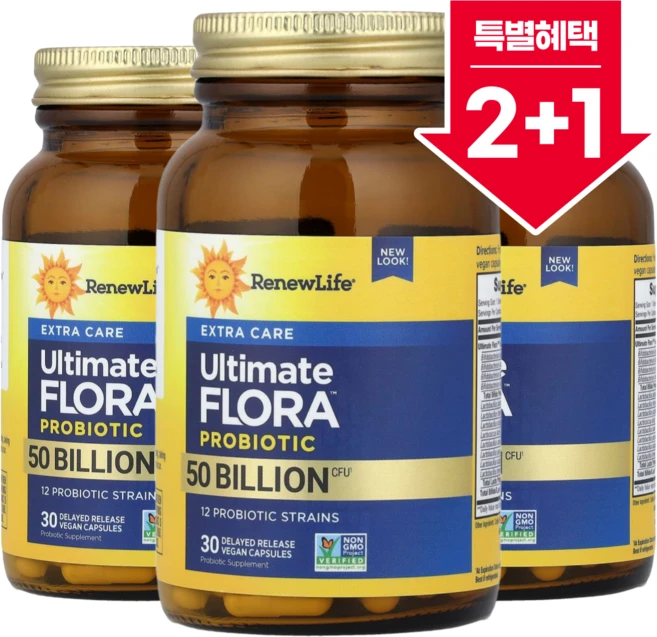 2+1 리뉴 라이프 얼티밋 플로라 비피도박테리움 락티스 락토바실러스 프로바이오틱 500억 CFU 지연 방출 베지 캡슐 30정 / 해외직구 미국정품, 3개 - 쿠팡