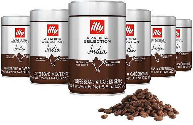Illy 원두 커피 클라시코 미디엄 로스트 & 인텐소 볼드 - 100% 아라비카 신선함을 위한 가압 포장 밀봉 버라이어티 249.5g8.8온스 캔 6팩 165728, 인디아 싱글 오리진 다크 로스트