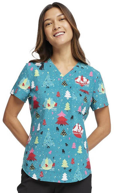 Cherokee Prints 여성용 수술복 상의 브이넥 프린트 CK652 Quokka처럼 행복합니다, 5X-Large Plus, Happy Holidogs
