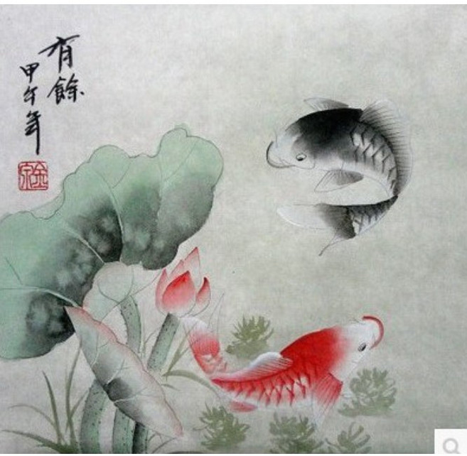 幸運星 手繪荷花有魚風水畫
