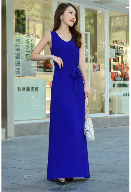 白色雪紡連衣裙 夏日大碼高個子a字裙 寬鬆拖地吊帶背心裙, 藍色,3XL 建議75.0-82.5公斤, 藍色