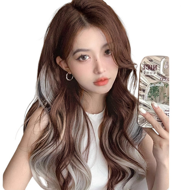 가발위드 옴브레 투톤 웨이브 붙임머리 브릿 포인트 시니온 가발, 1개, 라이트브라운 그레이