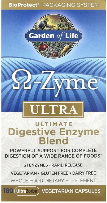 Garden of Life 오메가 자임 울트라 궁극의 소화 효소 혼합물 UltraZorbe 베지 캡슣 180정, 1개 - 쿠팡