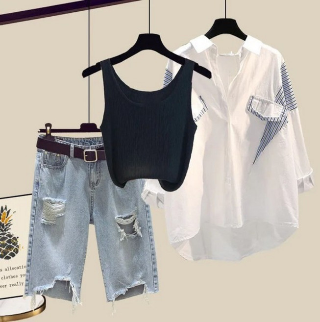 Asure 여자셋업 데일리룩 3종세트 나시+셔츠+반바지 원마일 웨어