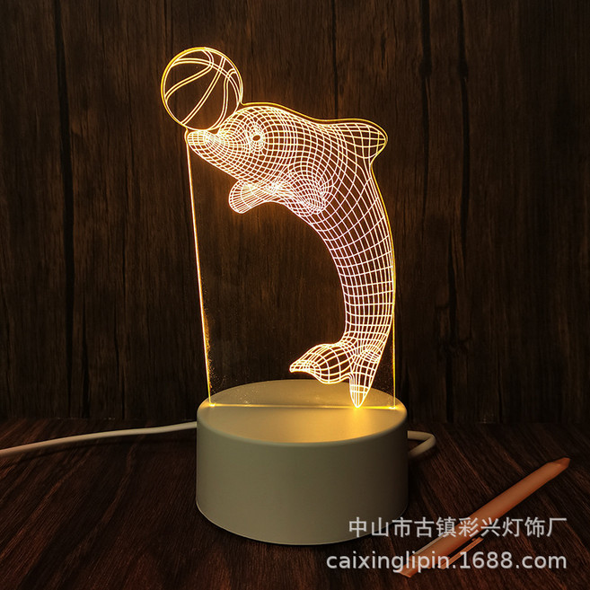 六一61兒童節創意3D小夜燈亞克力LOGO生日禮物公司週年卡通檯燈, 海豚頂球:單色USB暖光不帶開關
