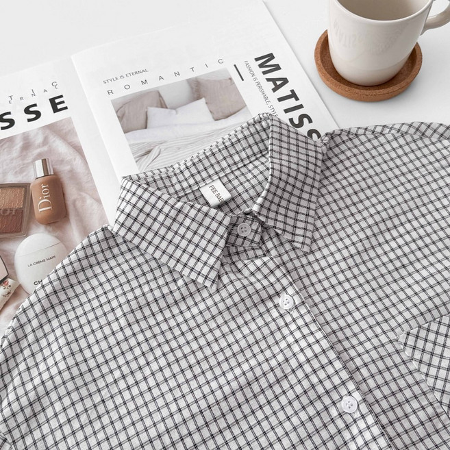 韓系顯瘦柔軟薄襯衫上衣 撞色翻領口袋格紋排釦長袖襯衫 格子襯衫 長版上衣 薄外套