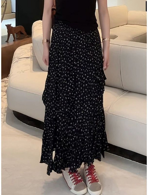 黑色印花褶皺半身裙女2026春季新款高腰時尚顯瘦垂感氣質A字長裙
