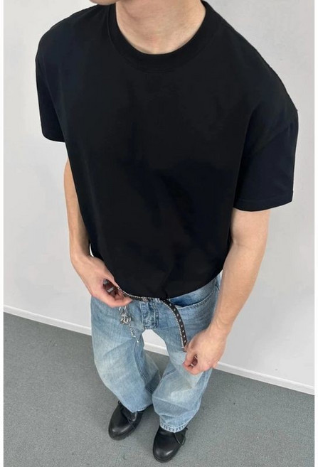 黑色boxy正肩短袖T恤 男女夏季寬鬆解構太空棉五分袖上衣, 黑色,L, 黑色