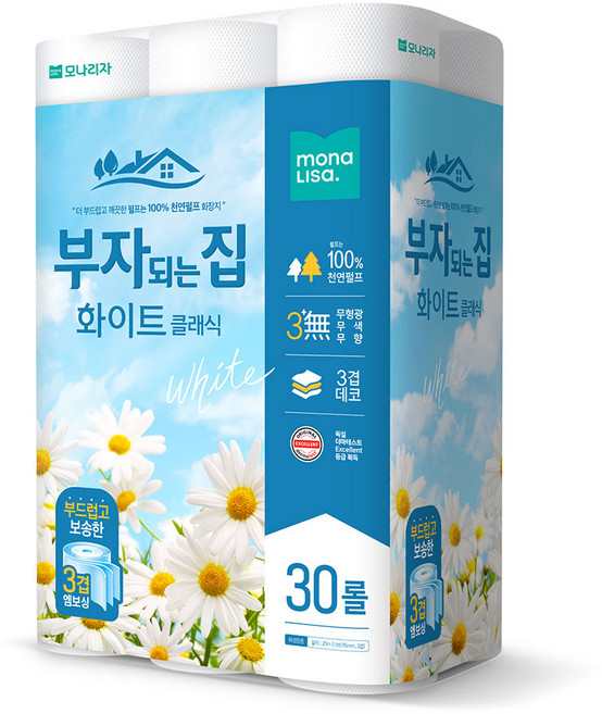 모나리자 부자되는집 화이트 플러스 3겹데코 천연펄프 20m 30롤 1팩(30롤), 2000cm, 30개입, 1개