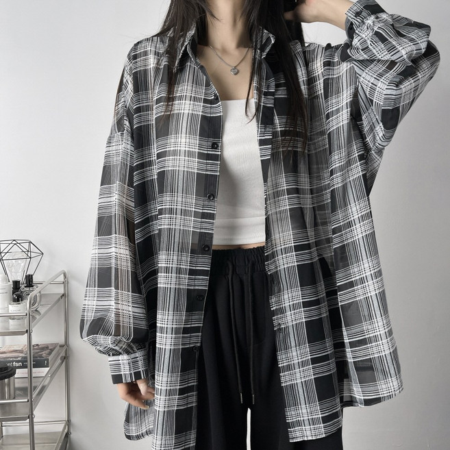 레이디스룸 [살탐방지~3XL] 여리 쿨링 왕박시 링클프리 오버핏 긴팔 체크 셔츠 남방 남녀공용