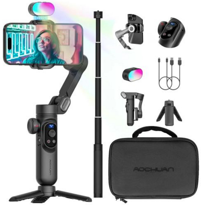 카메라 스마트폰 핸드헬드 짐벌 핸들 그립 삼각대 셀카봉 AOCHUAN 스마트 Xpro 콤보 블랙 3 축 휴대폰 73cm 익스텐션 및 RGB 마그네틱 OLED 디스플레이, 1개, 없음, 1) Xpro Black Combo