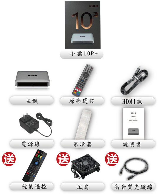 小雲電視盒10P標準配備組 含原廠語音遙控、4K HDMI線、等豐富配件, SVI10P+飛鼠+風扇+光纖線