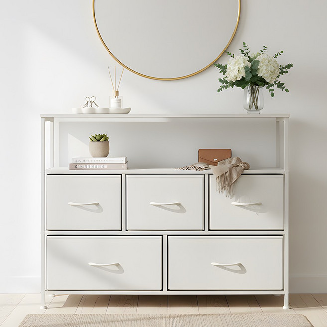 KOTTII 3단 TV 스탠드 거실용 수납장 5단 패브릭 서랍 수납장 침실용, 화이트