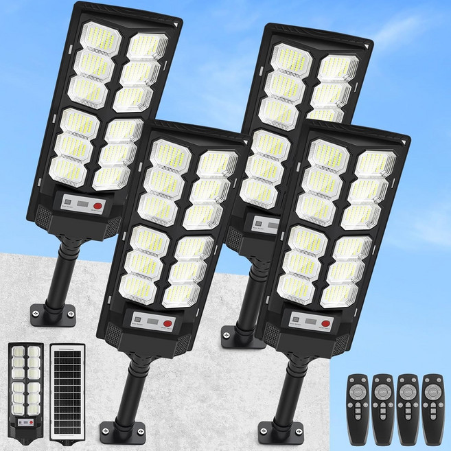 야외용 4팩 태양광 가로등 모션 센서가 장착된 13000LM 6500K 방수 LED 홍수등 황혼에서 새벽까지 발전 조명 주차장 마당 진입로용 등, 4-Pack