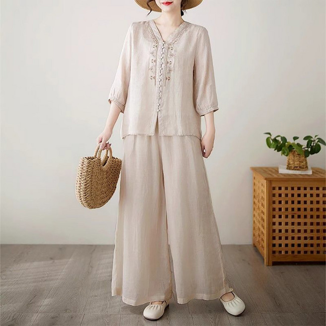 지고다그 여성 봄여름 면마 투피스 세트 엄마옷 통바지 상하의 세트 캐주얼 편안한 스타일 HH1840