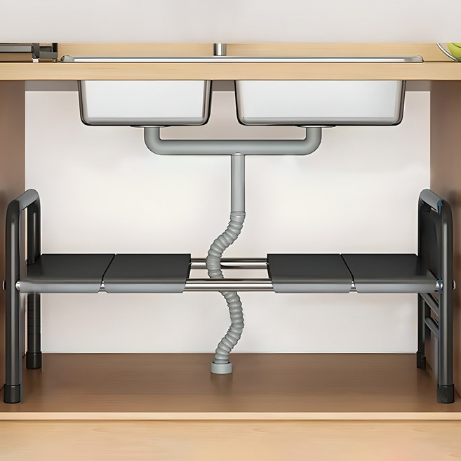 마켓플랜 폭조절 다용도 싱크인 철제 선반 1단, 블랙, 1개