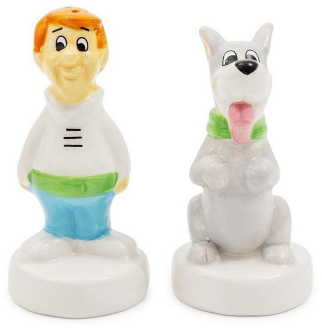 141187 Silver Buffalo Sanrio 헬로 키티 앤 마이 멜로디 3D 조각 세라믹 소금 및 후추 쉐이커 세트, Jetsons George and Astro, 1개
