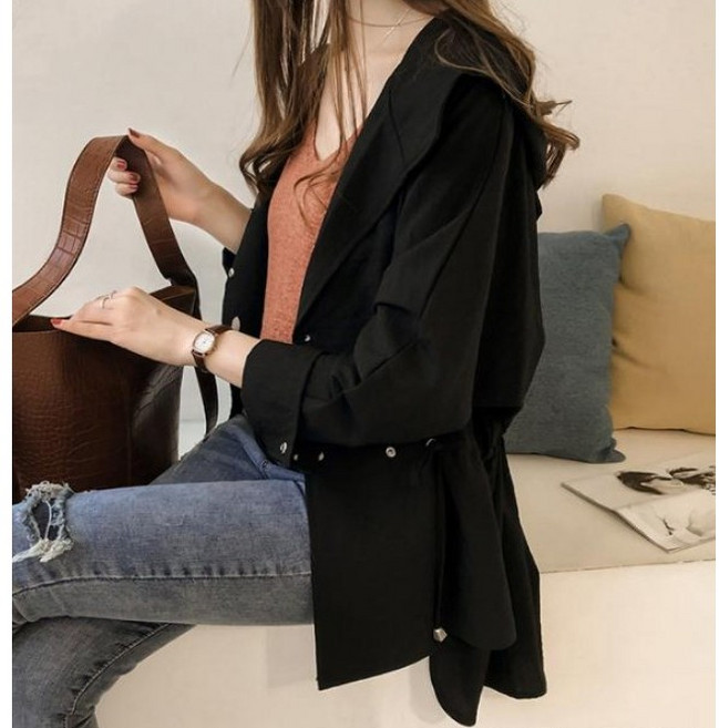 連帽風衣外套 女 韓版 中長款 寬鬆 休閒 長袖 開衫