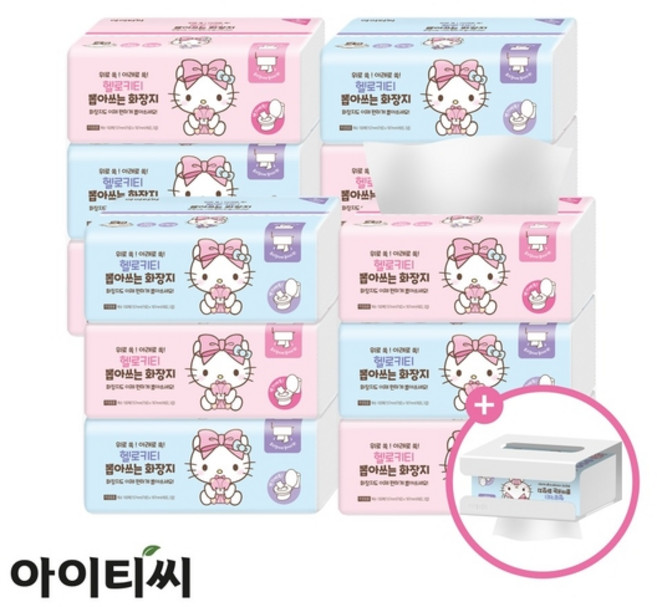 헬로키티 핑크리본 뽑아쓰는 화장지+전용 디스펜서, 12개, 100매입